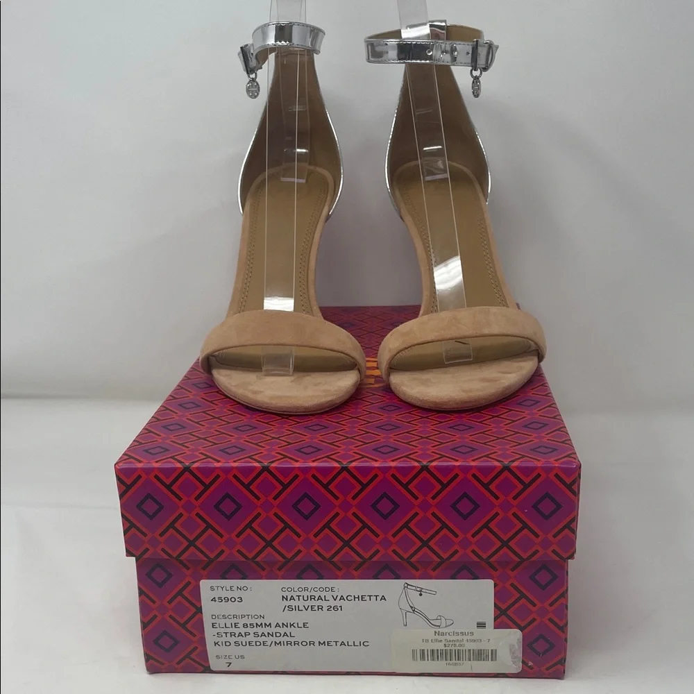 Tory Burch Ellie Ankle Strap Suede Metallic Heel Sandals Size 7 Box Included